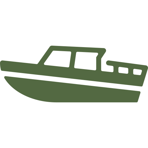 Minimalist green boat icon representing a guided boat ride to a remote jungle location.